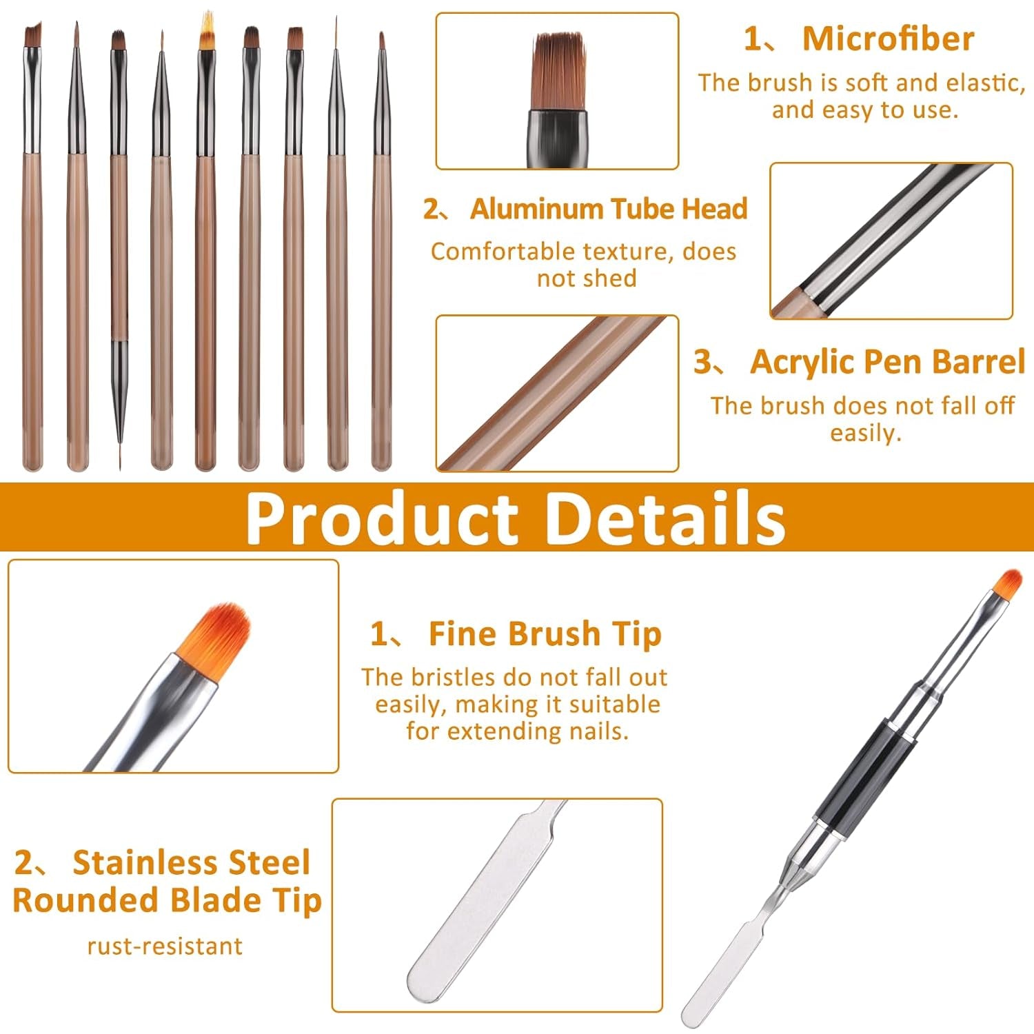 10 Stück Nailart Pinsel Set, Braun Nail Art Borstar Nailart Design Pinsel Nageldesign Pinselfür Gelnägelfür Heimwerker Maniküre Salon Zuhause Nailpinsel Set