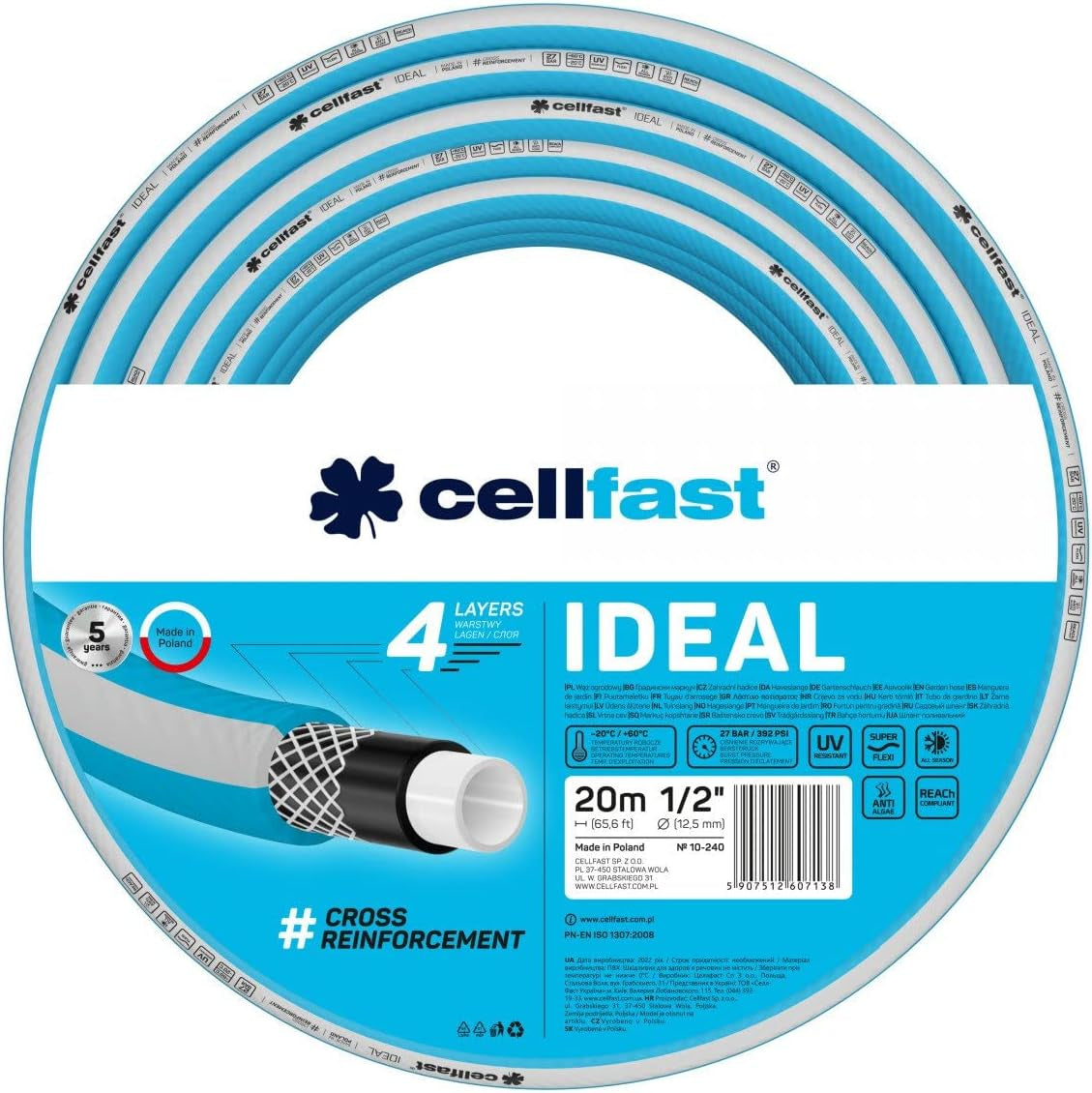 Trädgårdsslang Cellfast IDEAL, Slitstark, Flexibel, 4 lager, Slitstark korsfläta, UV- och algbeständig, REACH-teknik, 27 bar, -20/+60° kortsiktig 1/2", 20m