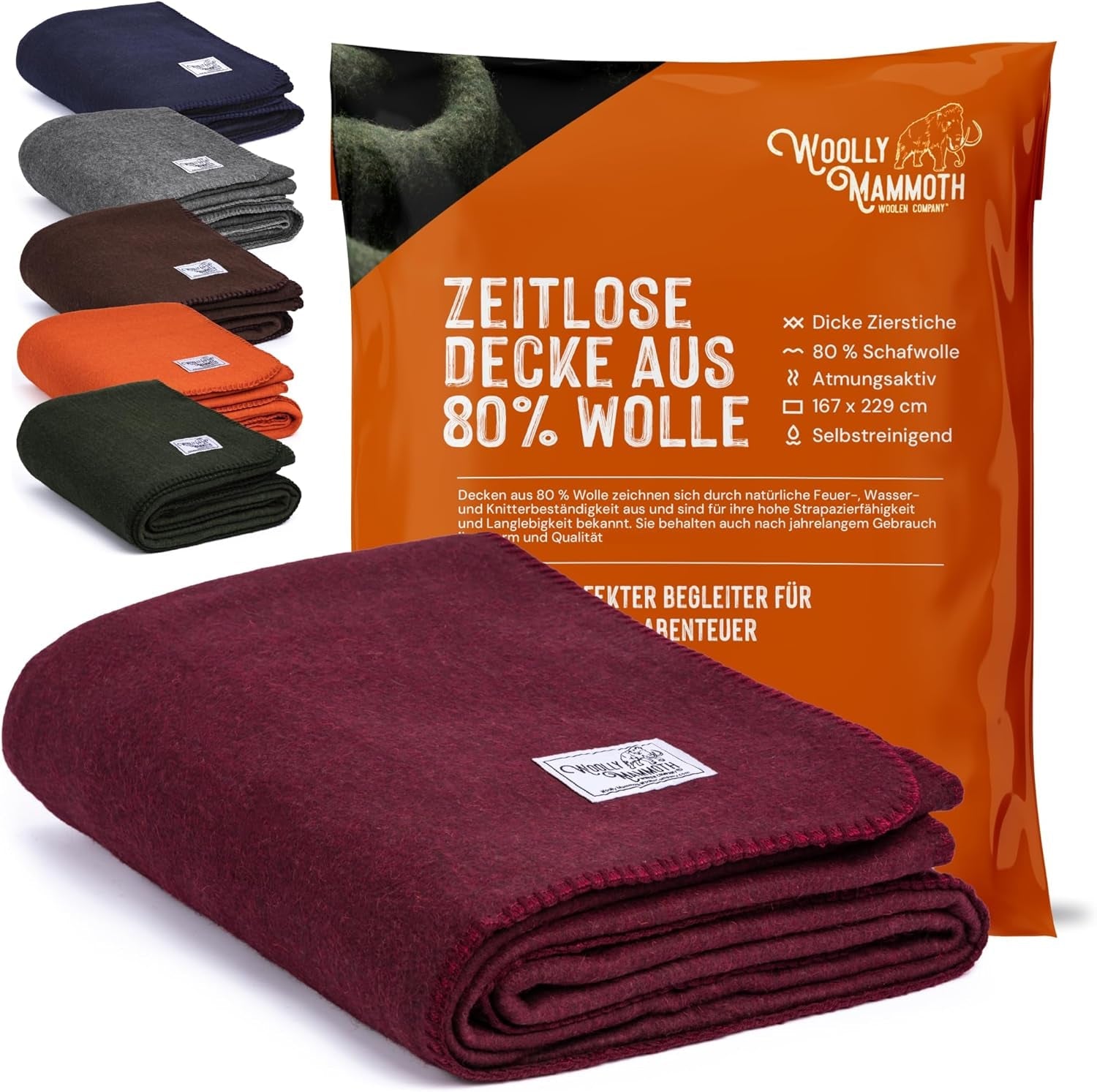Woolly Mammoth Woolen Co. campingfilt, extra stor, merinoull, Den perfekta utomhusutrustningen för bushcraft, camping, vandring, vandring, överlevnads- eller stugfilt. Brun, 168 X 228 Sängar och filtar Woolly Mammoth Woolen Company Burgundy 66" X 90"