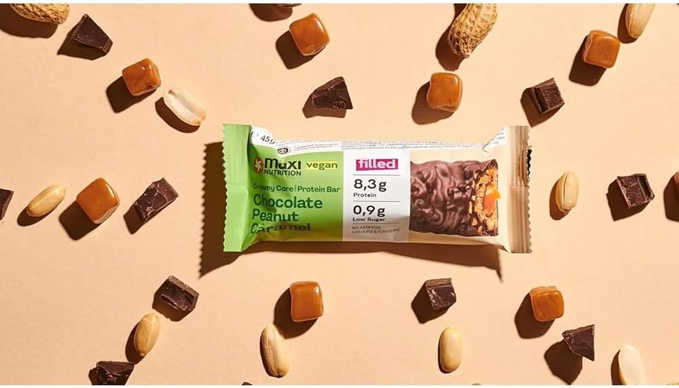 MaxiNutrition Krämig vegansk proteinbar med choklad, jordnötter och kola 12x45g - vegansk proteinbar, 18% protein, 8,3g per bar, låg sockerhalt (0,9g), inget tillsatt socker, inga konstgjorda smakämnen