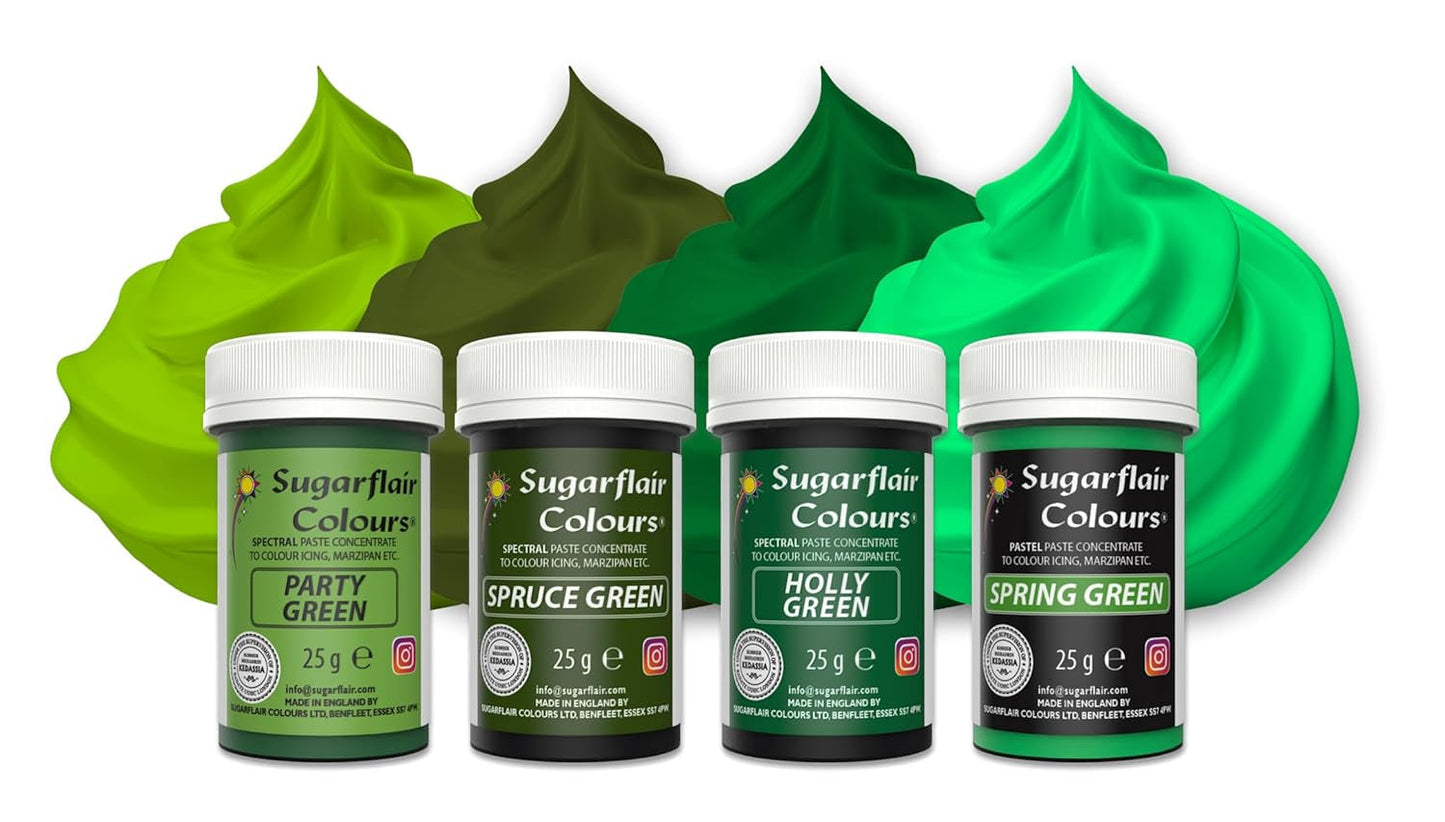 Sugarflair Pasta matfärg, grön, set med 4, matfärg för pasta, fondant, marsipan, sockerpasta, smörkräm och mer: Ilex Green, Spring Green, Spruce Green, Party Green - Set om 4