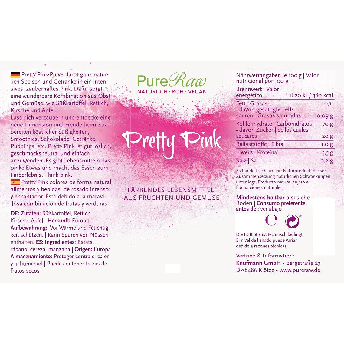 Pretty Pink Natürliche Lebensmittelfarbe Pulver Rosa (Roh Vegan) Pastellrosa Bis Intensiv Rosa-Rot - Essbare Farbe Für Lebensmittel Aus Früchten Und Gemüse - Naturlig matfärgning | Pureraw 5G Naty Shop