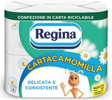 Regina Cartacamomilla - 8 rullar toalettpapper, 300 fluffiga ark, 3 lager, mjukt och fast, återvinningsbart pappersförpackning