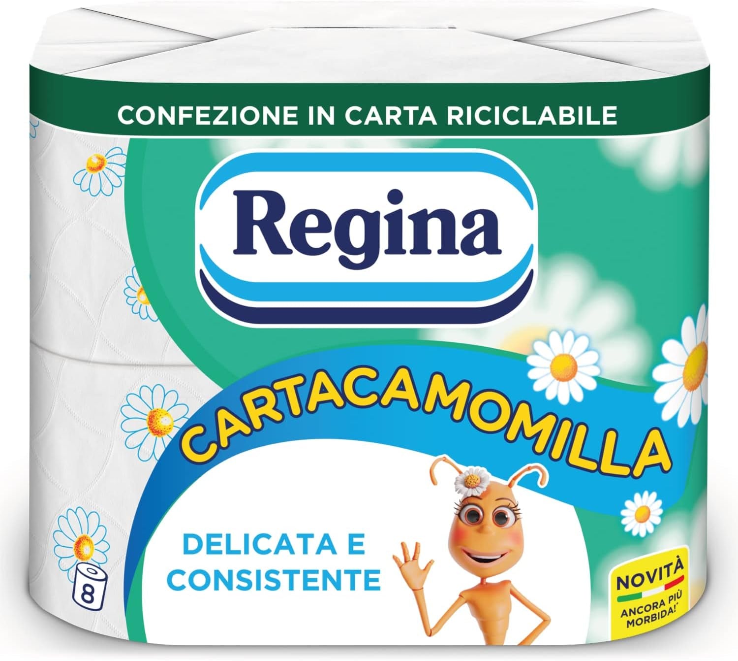 Regina Cartacamomilla - 8 rullar toalettpapper, 300 fluffiga ark, 3 lager, mjukt och fast, återvinningsbart pappersförpackning