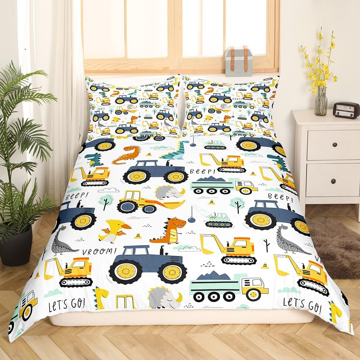 Jungen Cartoon Car Sängkläder Set 135X200,Kinder Bau Fahrzeuge Tröster Abdeckung Für Kind Kleinkind Teens,Dinosaurier Bettbezug,Traktor Maschinerie Bagger Bettdecke Abdeckung,Lkw Autos Bettdecke Naty Shop