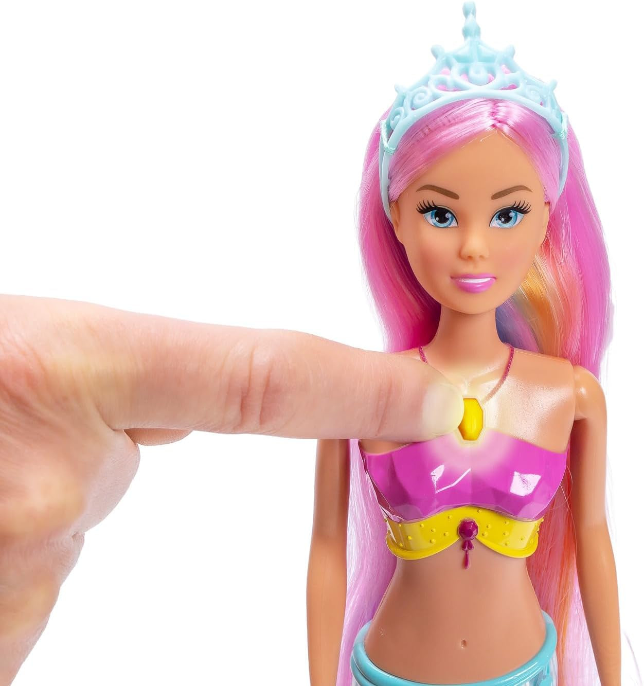 Simba Steffi Love Mermaizing Mermaid Doll med regnbågsljusfunktion, extra långt hår, delfinfigur och hårklämmor, 39 cm höjd, prova-mig-funktion, åldrar 3+