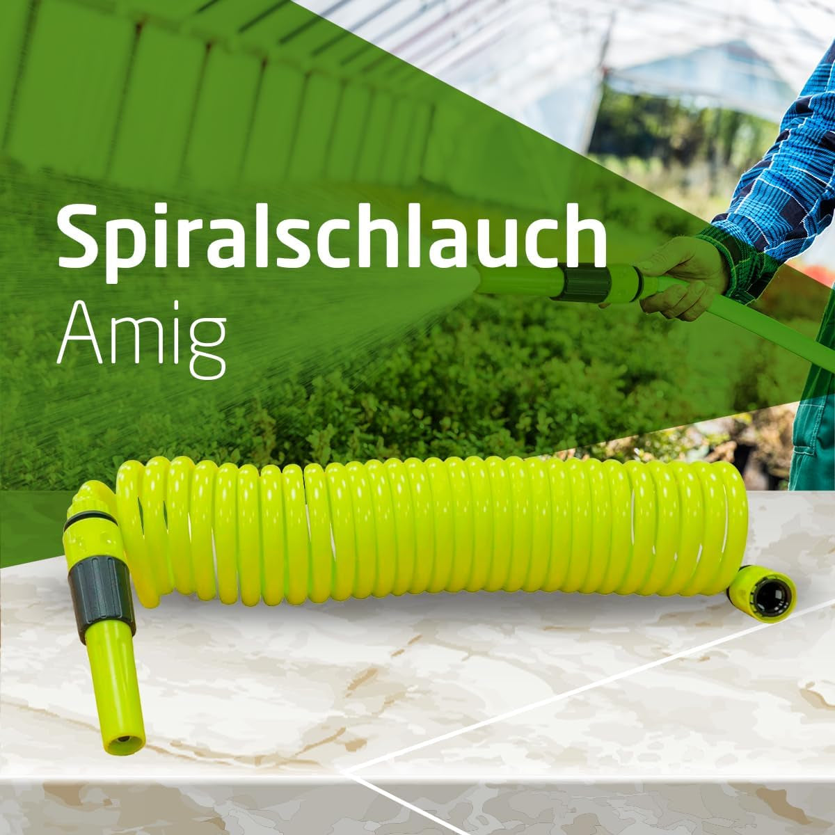Amig - Spiralslang | Tillverkad av polypropen | Utdragbar upp till 7,5 m | Inkluderar bevattningslans, adapter och 2 skarvar | Pistage grön