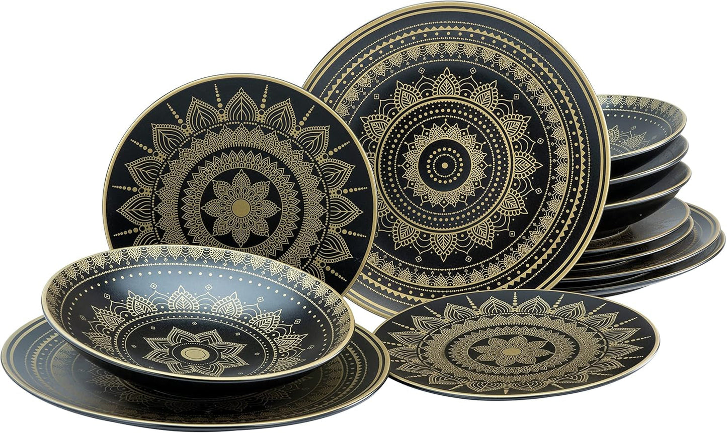 CreaTable, 23588, MANDALA GOLD Series - Svart, 12-delat servisset, porslinstallrikar, diskmaskin och mikrovågssäker, kvalitetstillverkning