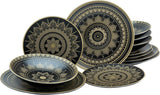 CreaTable, 23588, MANDALA GOLD Series - Svart, 12-delat servisset, porslinstallrikar, diskmaskin och mikrovågssäker, kvalitetstillverkning