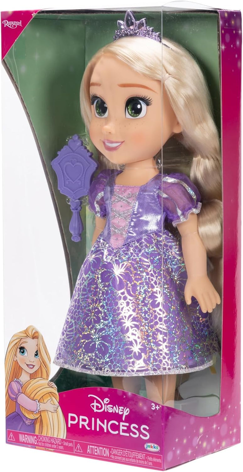 Disney Princess Rapunzel 35 cm docka, reflekterande glitterögon, rörliga leder, avtagbar klänning, skor, krona, långt blont hår, för tjejer 3+