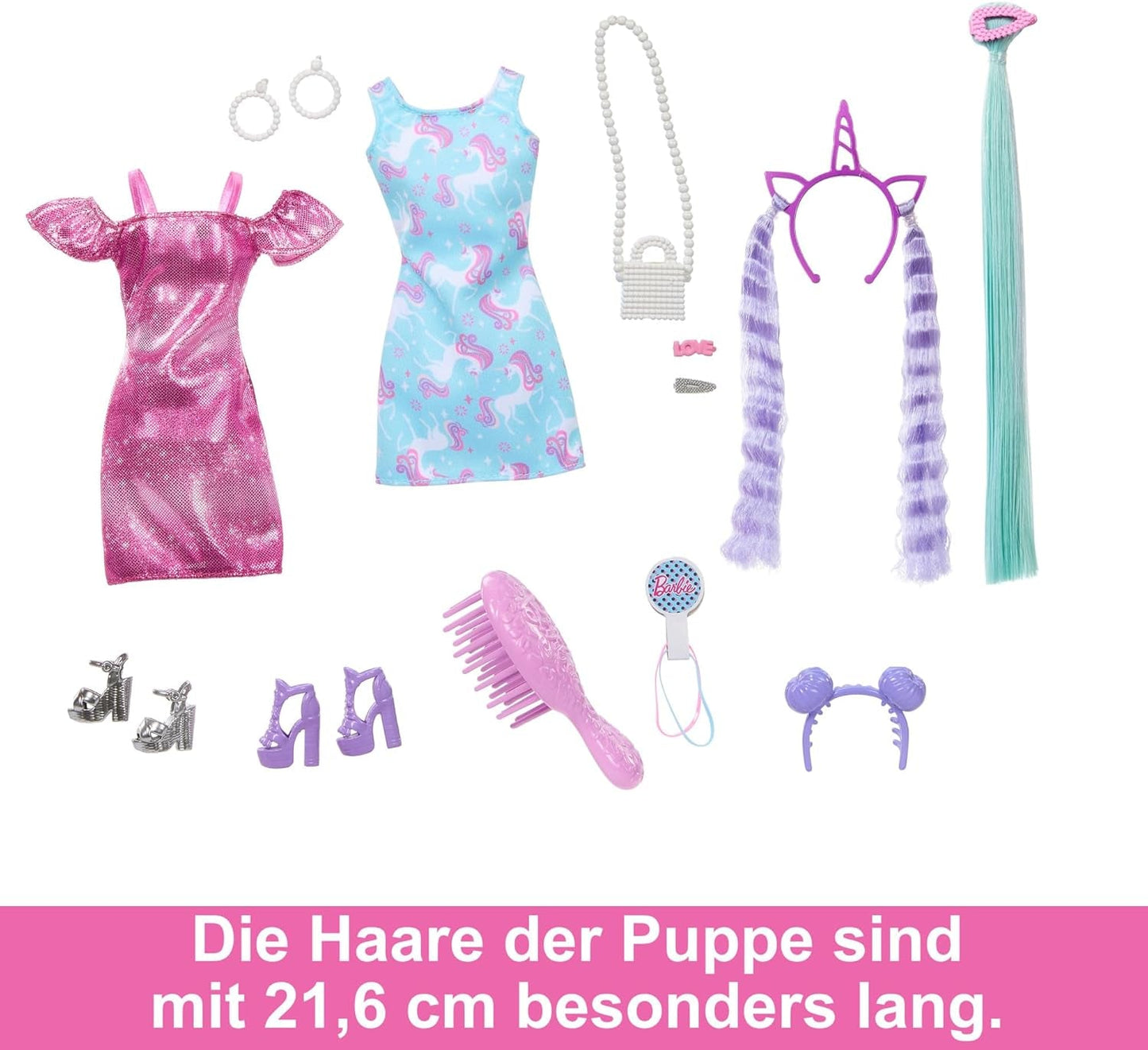 Barbie Doll Roligt Snyggt hår med extra långt färgglatt svart hår och gnistrande rosa klänning 10 frisyrer och modeaccessoarer JDC86