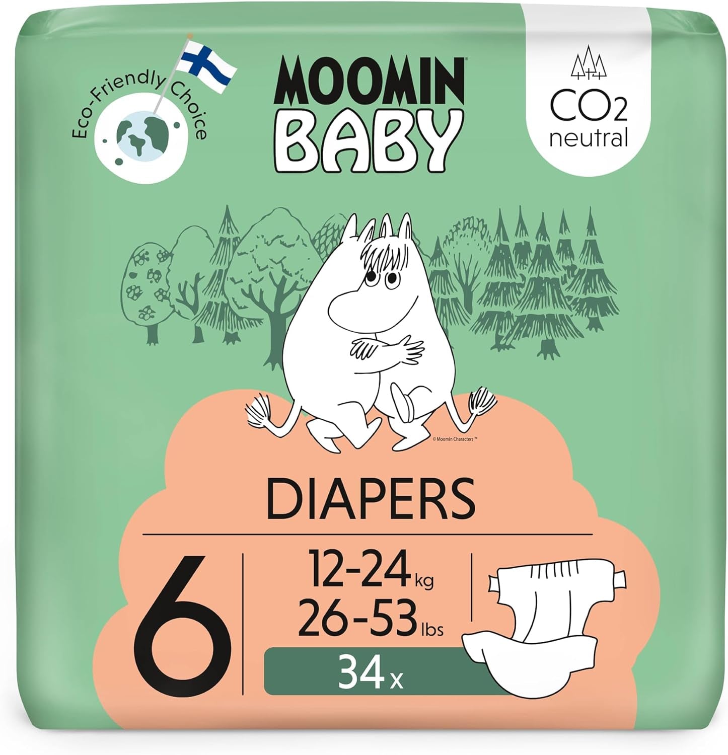 Mumin Baby Eco-blöjor, storlek 3, 5-8 kg, 48 delar, mjuka premiumblöjor | Mjuk och hudvänlig, andas, absorberande, inga onödiga kemikalier |