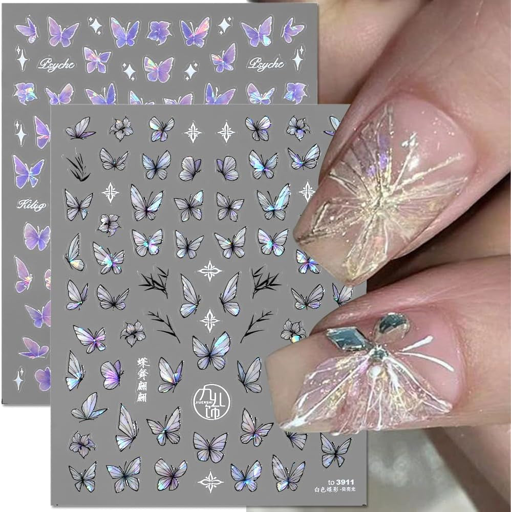 2 Blätter Schmetterling Nagelsticker Selbstklebend,Muschel Glitzer Nail Art Butterfly Nagelsticker Lila Grau Schmetterlinge Nagelaufkleber Relief Laser Butterflies Nagel Sticker Nageldesign Zubehör