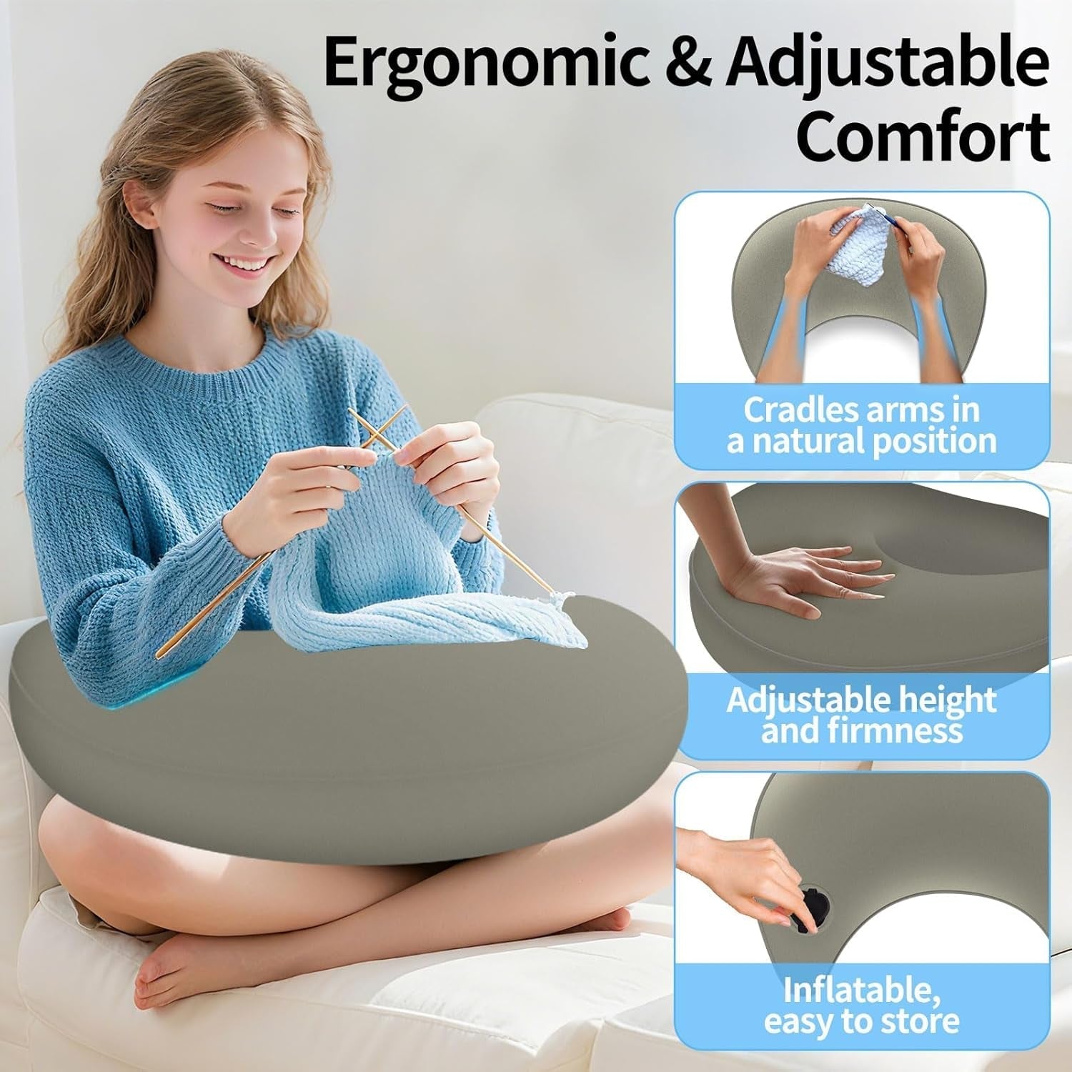 Läskudde och spelkudde, bärbar uppblåsbar läskudde med förvaringsväska, ergonomisk virkad kudde för läsning, lek, virkning och arbete