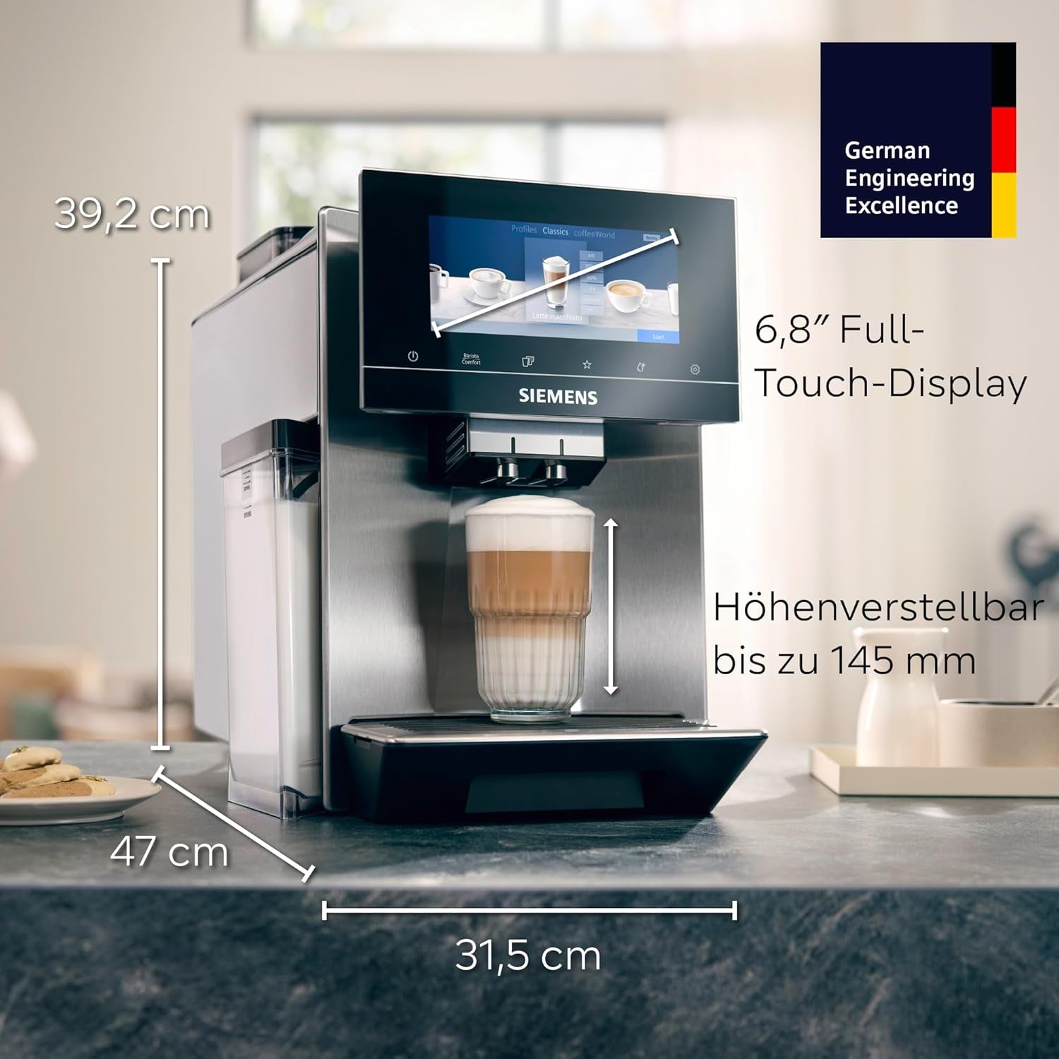 Siemens EQ900 automatisk espressomaskin, stor TFT-färgskärm, 2 bönbehållare, 36 varma och kalla drycker, kallt kaffe, supertyst, tvåkoppsfunktion, appkontroll, rostfritt stål, TQ907D03