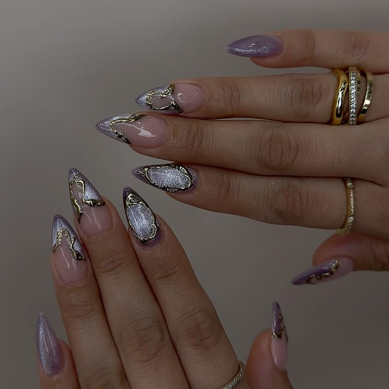 Moonglow korta magnetiska lösnaglar, rosa mandelröd gradient glitter kattöga med lim, rosa röd ombre glitter fototerapi konstgjorda naglar för kvinnor och flickor