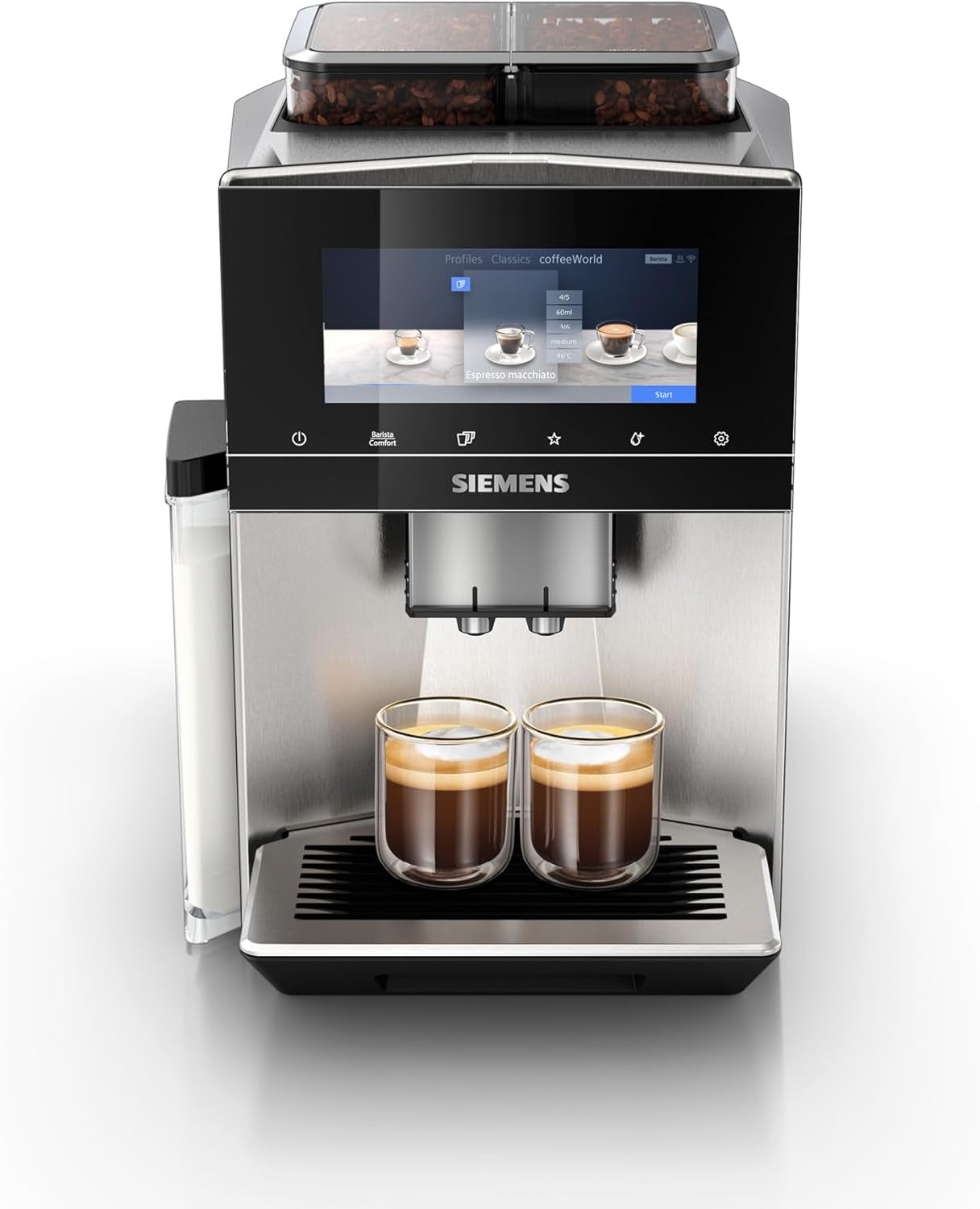 Siemens EQ900 automatisk espressomaskin, stor TFT-färgskärm, 2 bönbehållare, 36 varma och kalla drycker, kallt kaffe, supertyst, tvåkoppsfunktion, appkontroll, rostfritt stål, TQ907D03