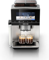 Siemens EQ900 automatisk espressomaskin, stor TFT-färgskärm, 2 bönbehållare, 36 varma och kalla drycker, kallt kaffe, supertyst, tvåkoppsfunktion, appkontroll, rostfritt stål, TQ907D03