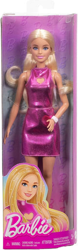 Barbie Fashionistas docka nr. 230 med blont hår, rosa metallic miniklänning med hjärtat, vitt armband och höga klackar, HYT88