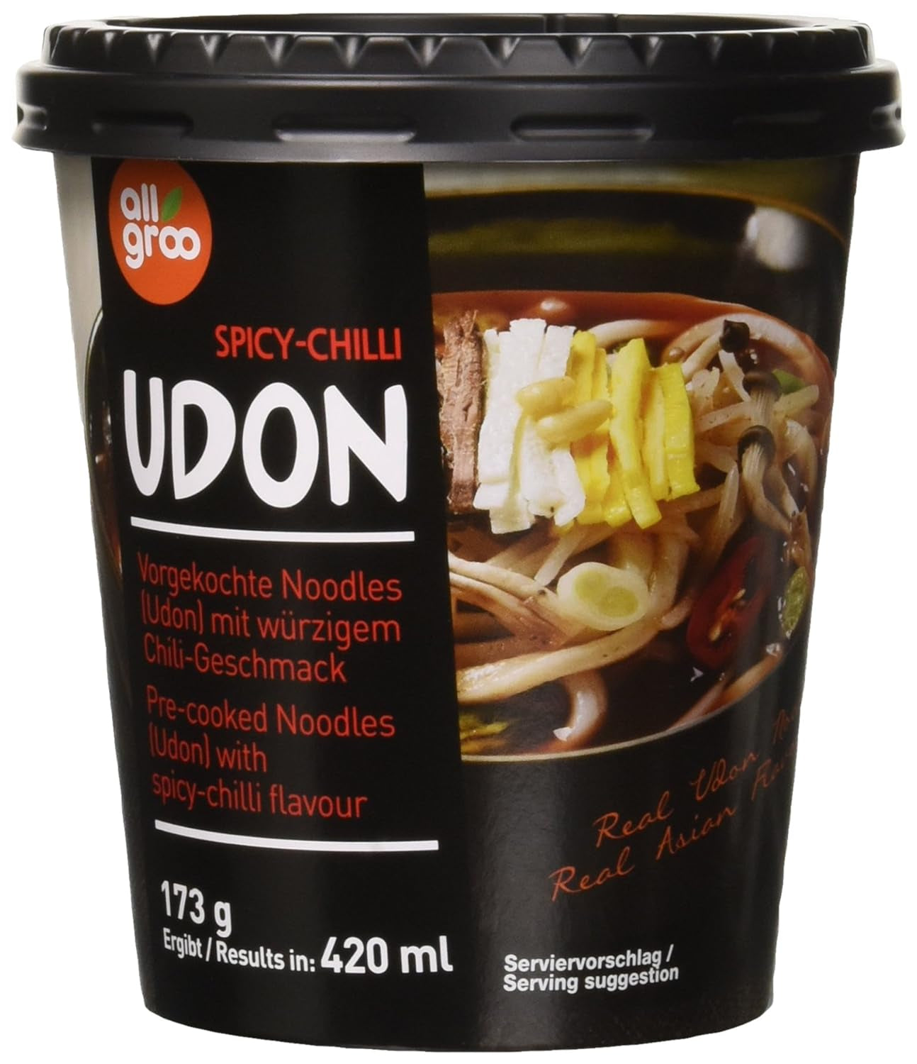 Allgroo Udon Cup Instant Nudles - Smakrik kryddig skaldjur Udon Soppa - Snabb förberedelse (1 x 173g)