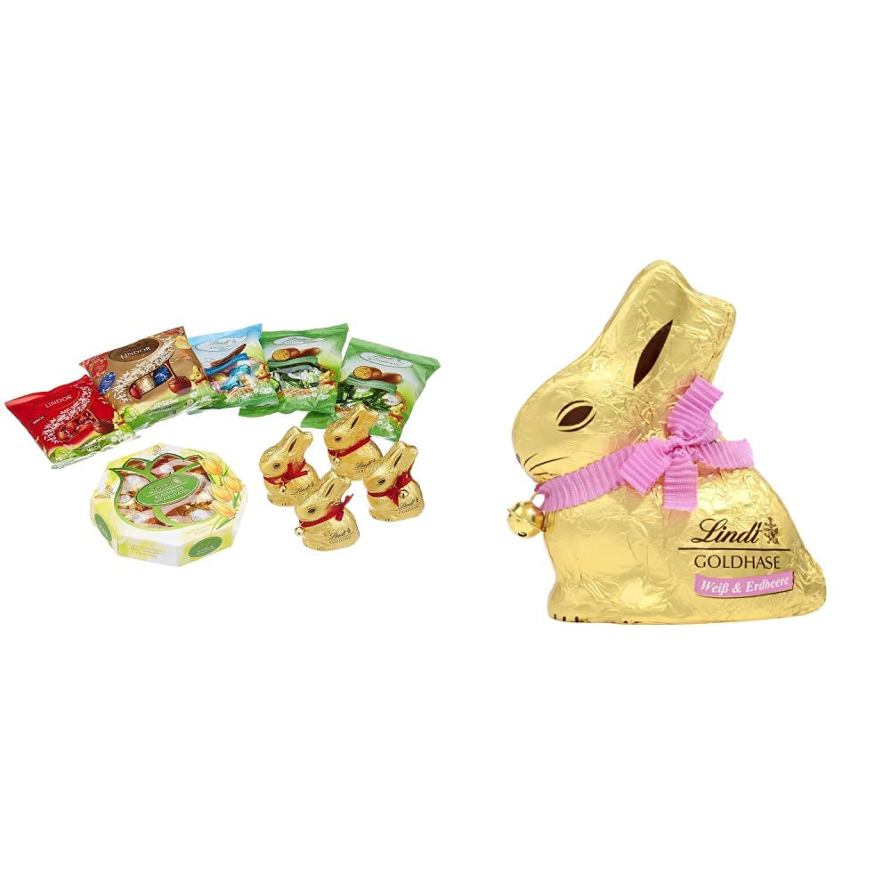 Chokladpåskset | 894g | Innehåll: Gyllene kaniner och gyllene chokladkaniner | 100g gyllene kaniner | Premium vit choklad med jordgubbsbitar i form av en kanin till påsk