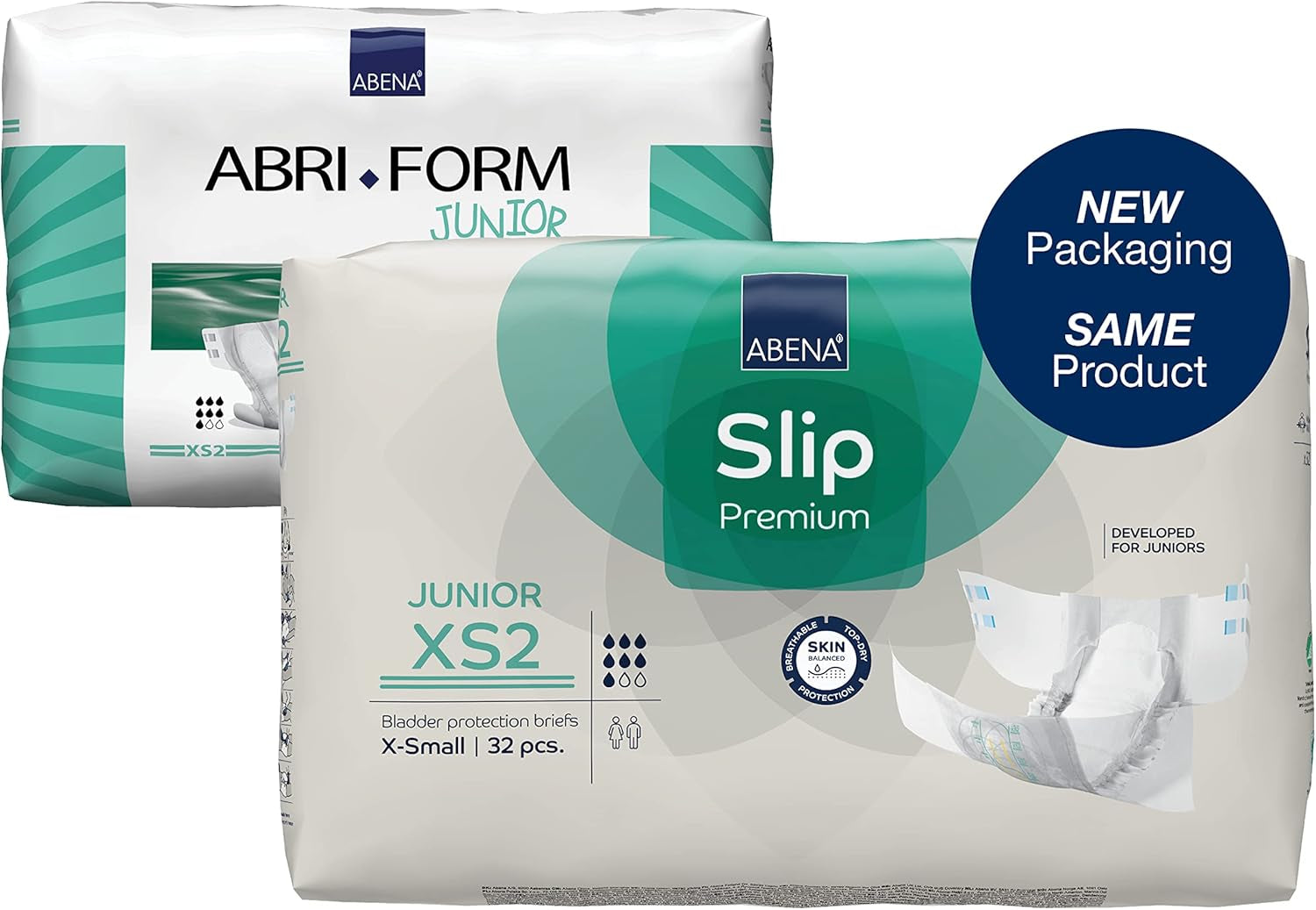Premium juniorblöjor, miljömärkt, förbättrat läckageskydd, säkra och bekväma babyblöjor - storlek 7/XS2, midjemått 40-60 cm, åldrar 5-15 år, 1 x 32-pack