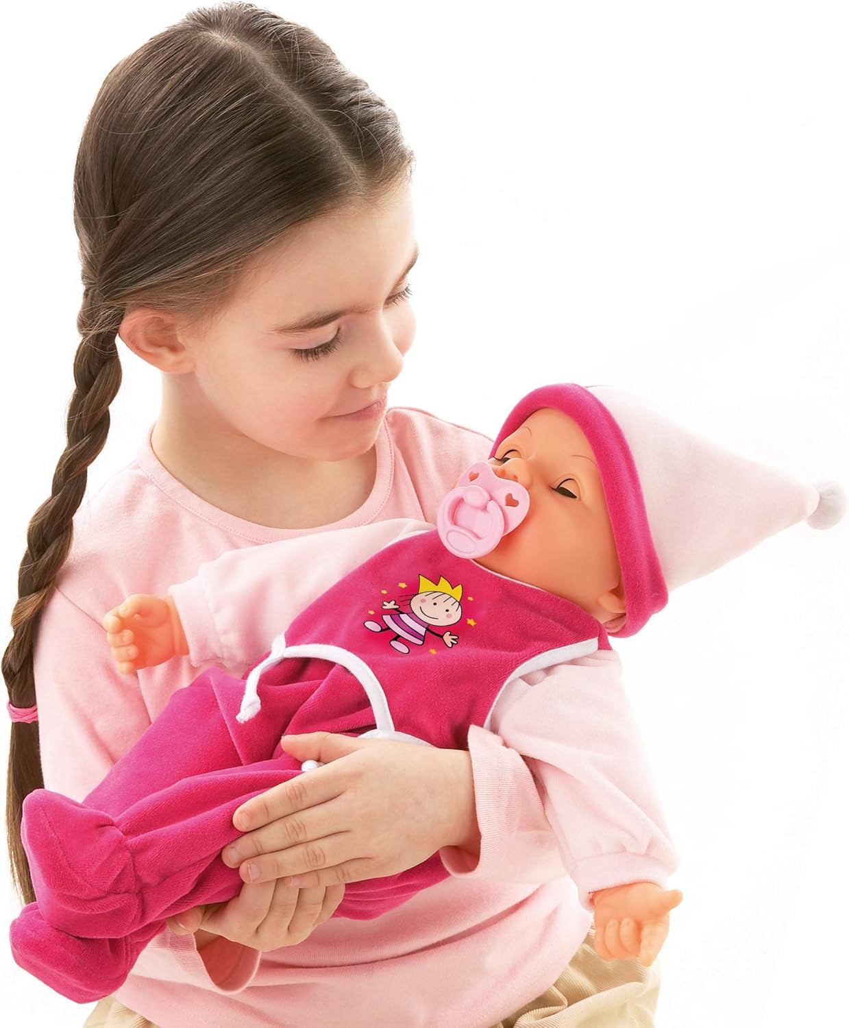 Funktionspuppe Hello Baby mit Geräuschen, bewegt den Mund, interaktiv Puppe, Babypuppe, med Zubehör, 46cm, rosa