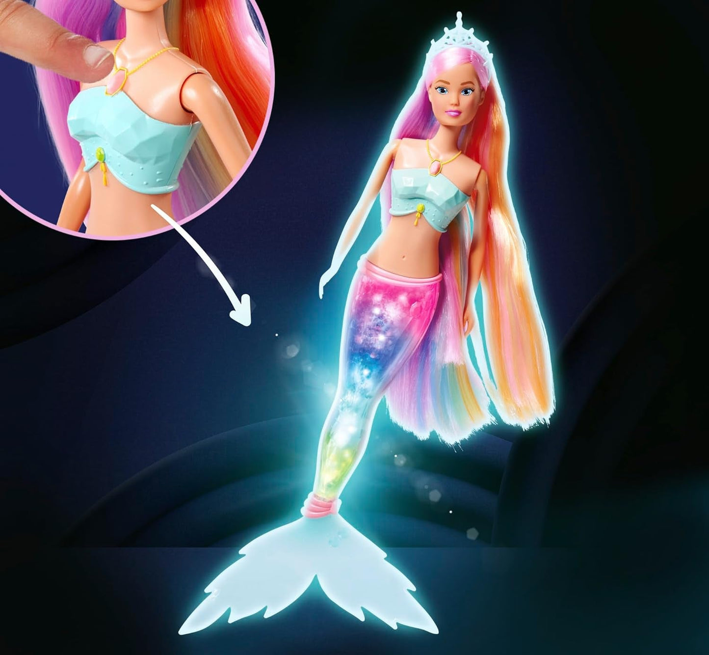 Steffi Love Magic Rainbow Mermaid, sjöjungfrudocka med Magic Rainbow Light-funktion och extra långt hår, 39 cm, åldrar 3+