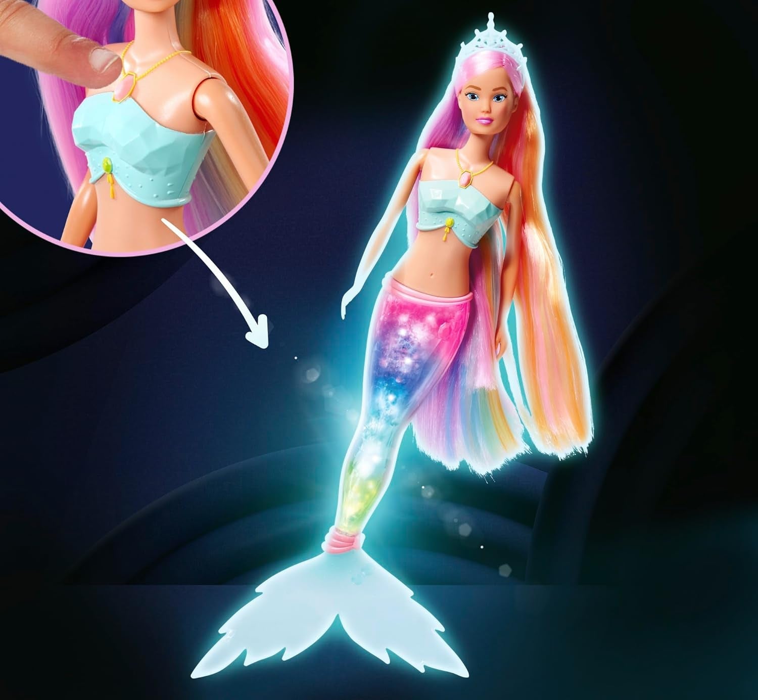 Steffi Love Magic Rainbow Mermaid, sjöjungfrudocka med Magic Rainbow Light-funktion och extra långt hår, 39 cm, åldrar 3+
