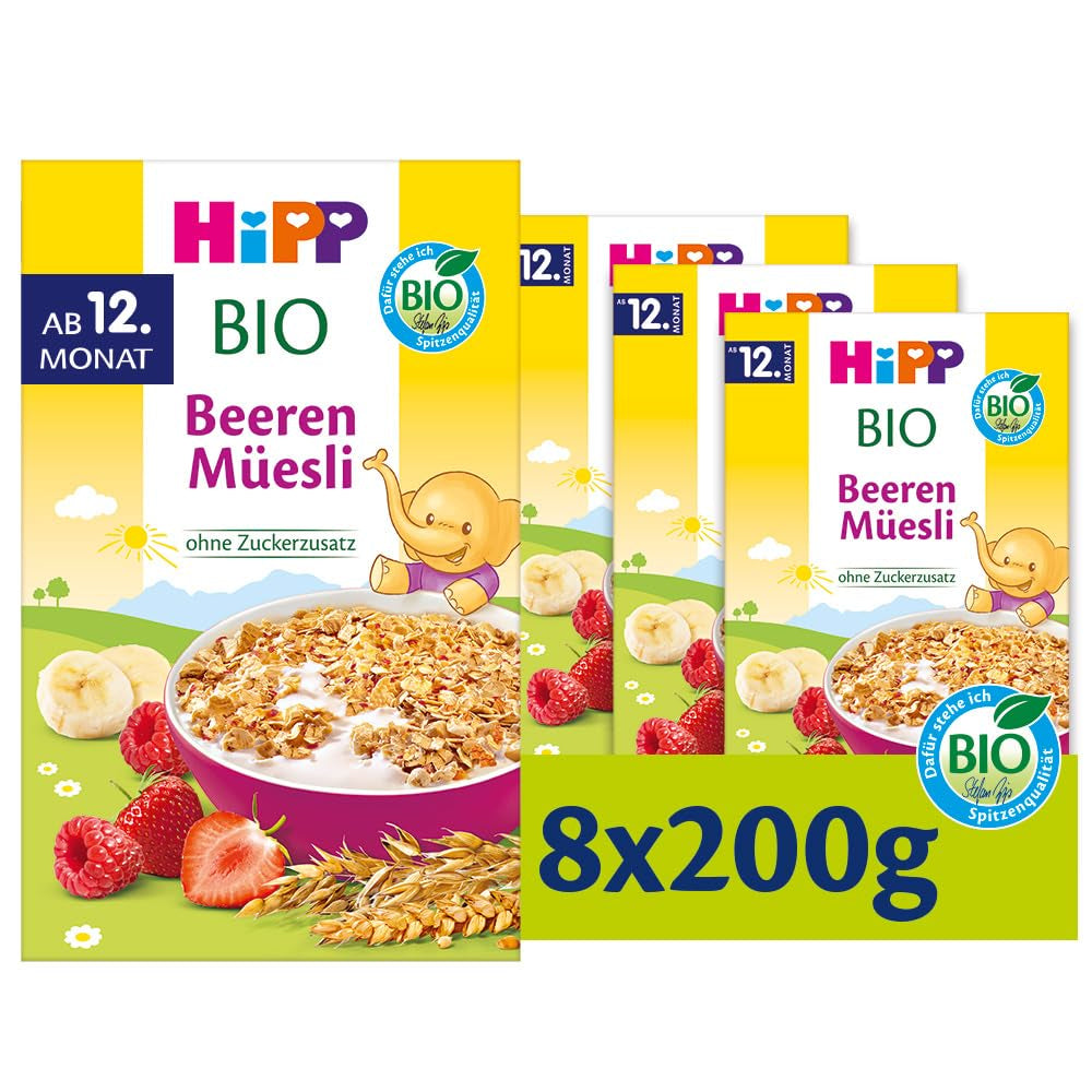 HiPP Bio Beeren-Müesli (8 x 200g), ab 12. Monat, ohne Zuckerzusatz, besonders fine Stückchen - leicht zu chewen, i bästa bio-Qualität