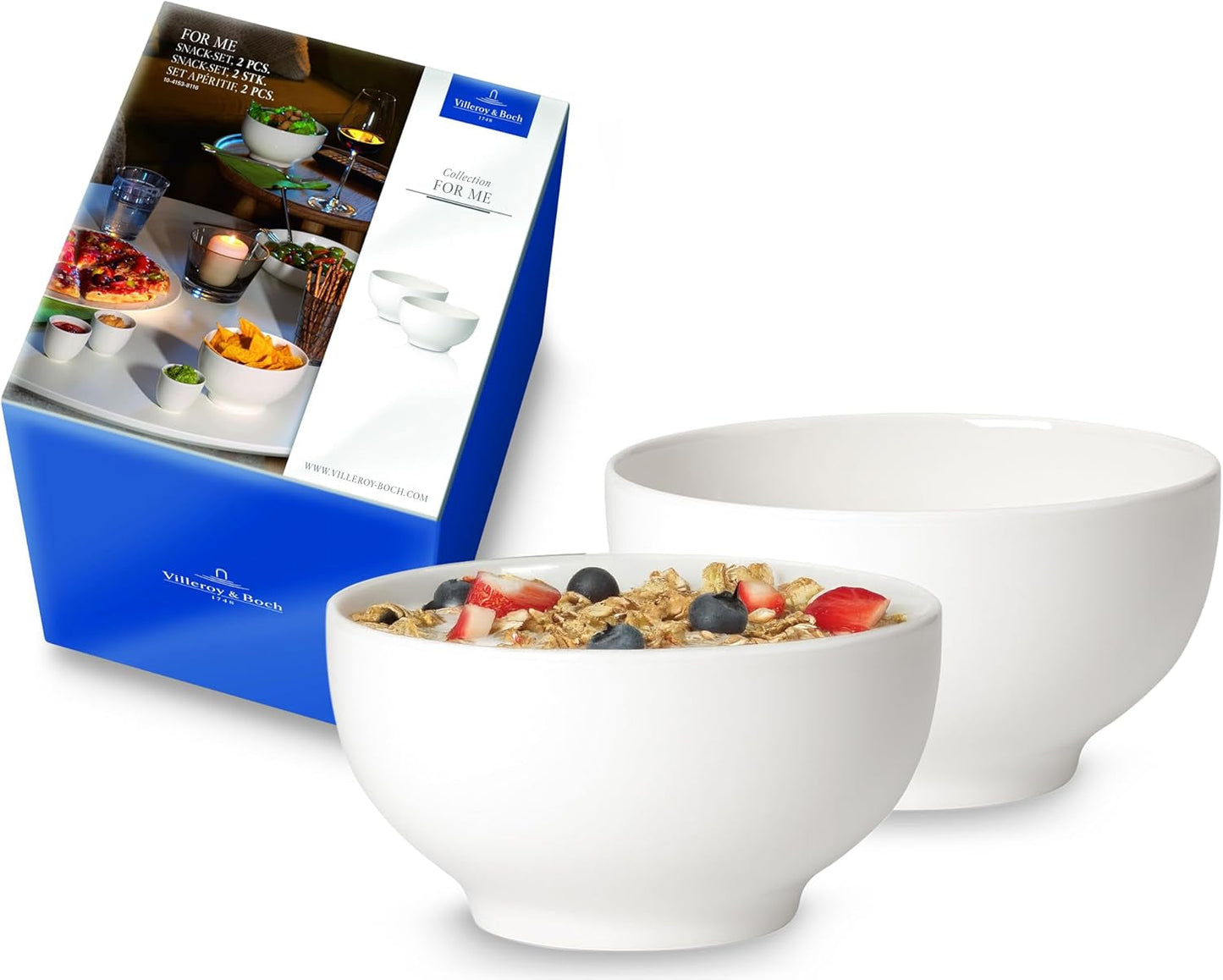 Villeroy & Boch For Me spannmålsskål set om 2, vit, diskmaskinssäker, mikrovågssäker, små skålar för 2, skålar, spannmålsskålar, mellanmål eller såser, tallrik, premiumporslin