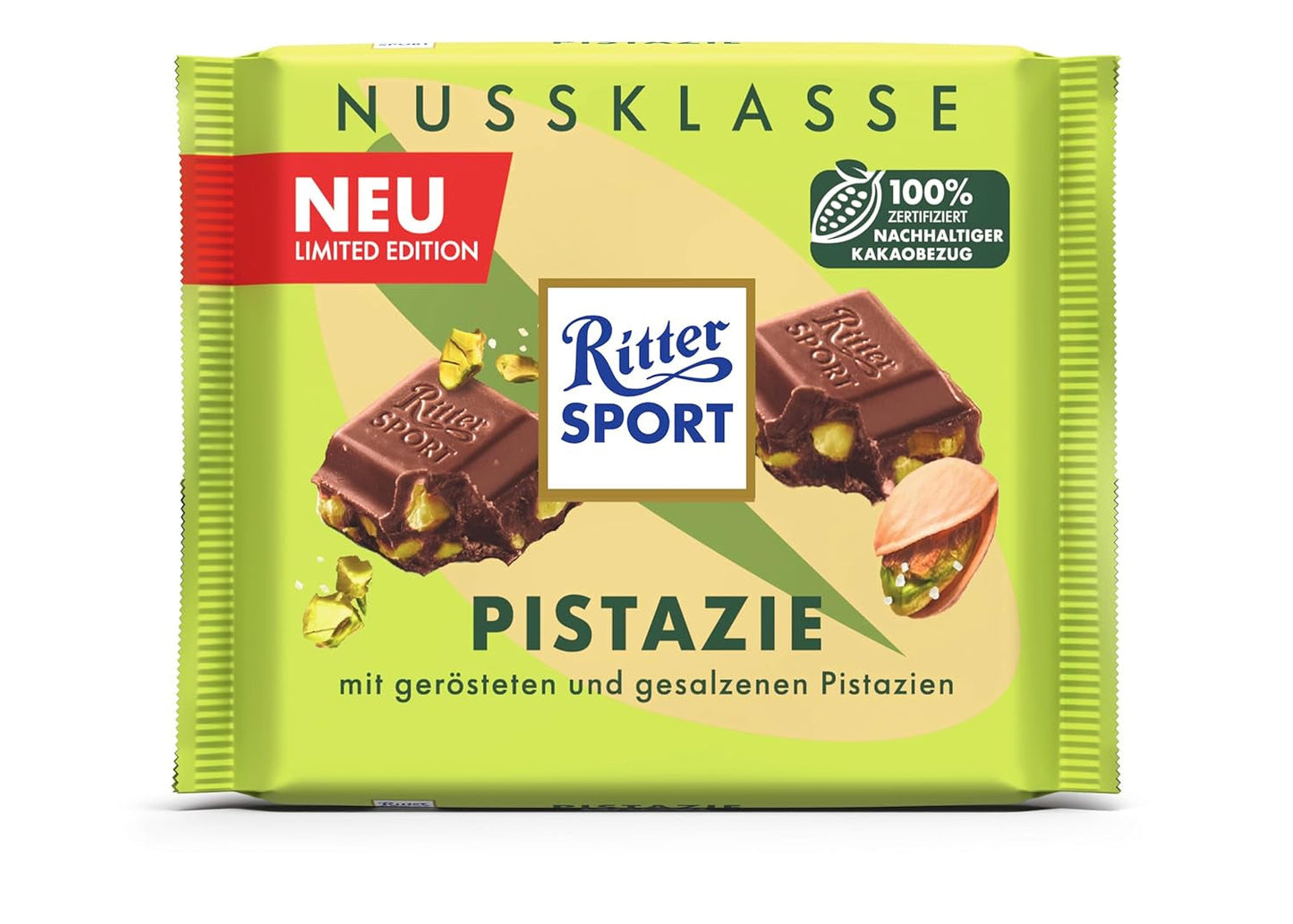 Ritter Sport Pistachio, mjölkchoklad med fina bitar av pistage, en chokladklassiker, perfekt att äta och njuta av, en bra presentidé, 12 barer x 100g