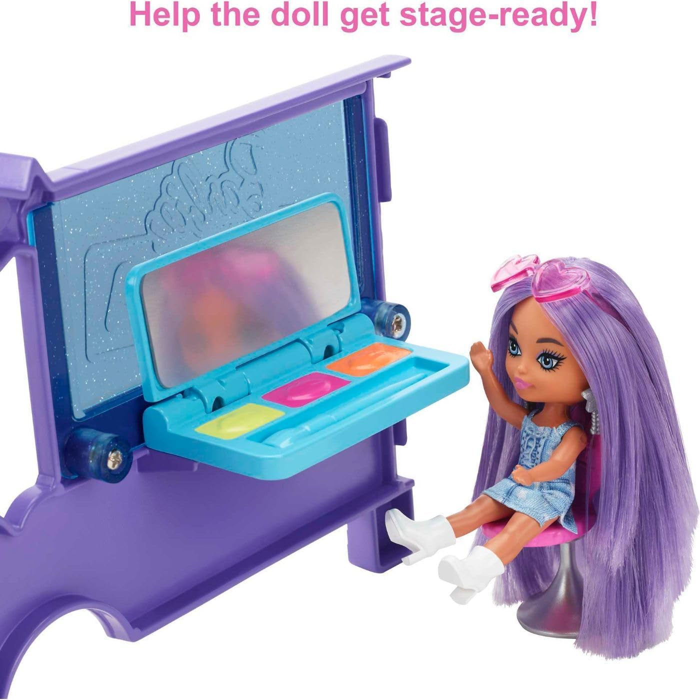 Barbie Extra Mini Mini Doll, Extra Mini Mini Doll med Extra Glitter Touring Van, inklusive Makeup Station och Showtillbehör, Barnpresent, Leksak för åldrarna 3 och uppåt, HKF84