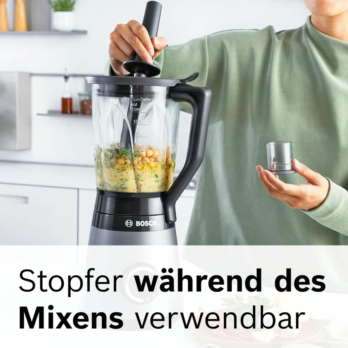 Bosch Standmixer Vitapower Serie 4 MMB6177S, Edelstahl-Klingen Tillverkad i Tyskland, 1,5L Thermosafe Glasbehälter, 0,6L To-Go-Flasche, Stopfer, Universalzerkleinerer, 30 000 U/Min, 1200 W, Silver Kitchen Naty Shop
