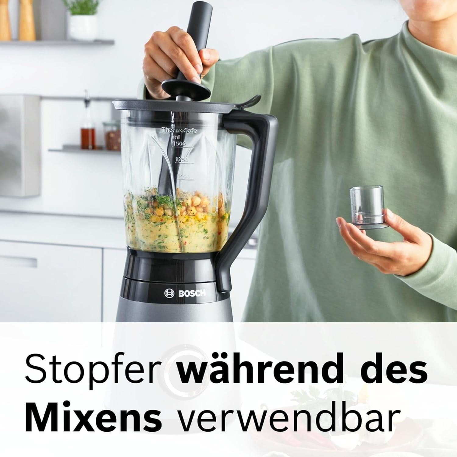 Bosch Standmixer Vitapower Serie 4 MMB6177S, Edelstahl-Klingen Tillverkad i Tyskland, 1,5L Thermosafe Glasbehälter, 0,6L To-Go-Flasche, Stopfer, Universalzerkleinerer, 30 000 U/Min, 1200 W, Silver Kitchen Naty Shop