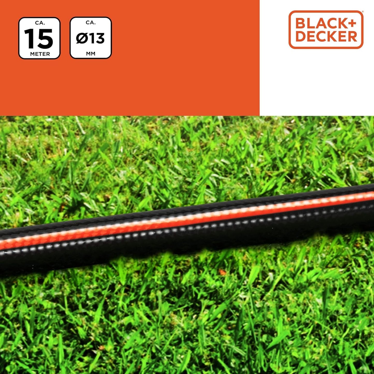 BLACK+DECKER Trädgårdsslang 15 meter - Ø13MM - Slitstark PVC - Vattna trädgården, tvätta bilen, fylla poolen - Kompatibel med alla vanliga kranar - Svart/Orange