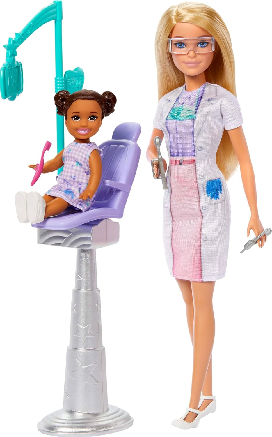 Barbie-tandläkardocka, modedocka med blont hår, blå klänning och labbrock, 1 barndocka, examenstillbehör och diverse tillbehör, JCR74