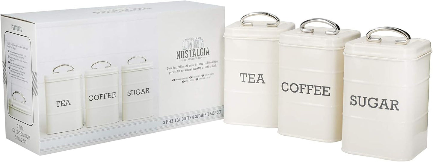 KitchenCraft Living Nostalgia set med 3 förvaringsburkar för te, socker och kaffe i presentförpackning, stål, antik kräm, 11 cm x 11 cm x 17 cm, vintageblå matförvaringslådor Naty Shop