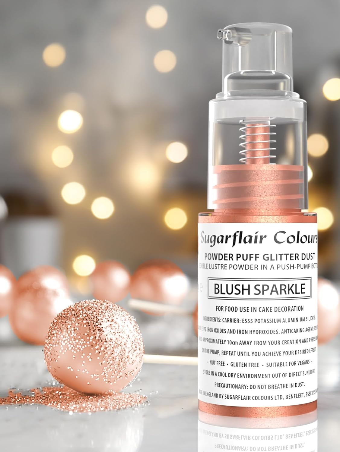 Sugarflair Pump Powder Spray, Glitter, Blush, Glitter - matfärg för tårtor, icke-aerosolspray för tårtor, muffins och mer - 10g