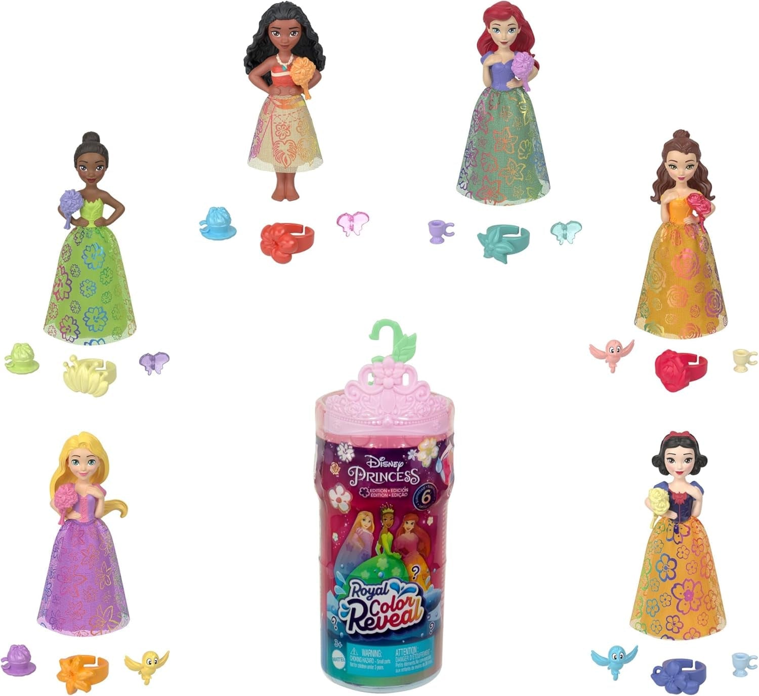 Mattel Disney Princess Royal Color Reveal liten docka med 6 överraskningar, inklusive doftring och 4 tillbehör (dockor kan variera), Garden Party Series HRN63