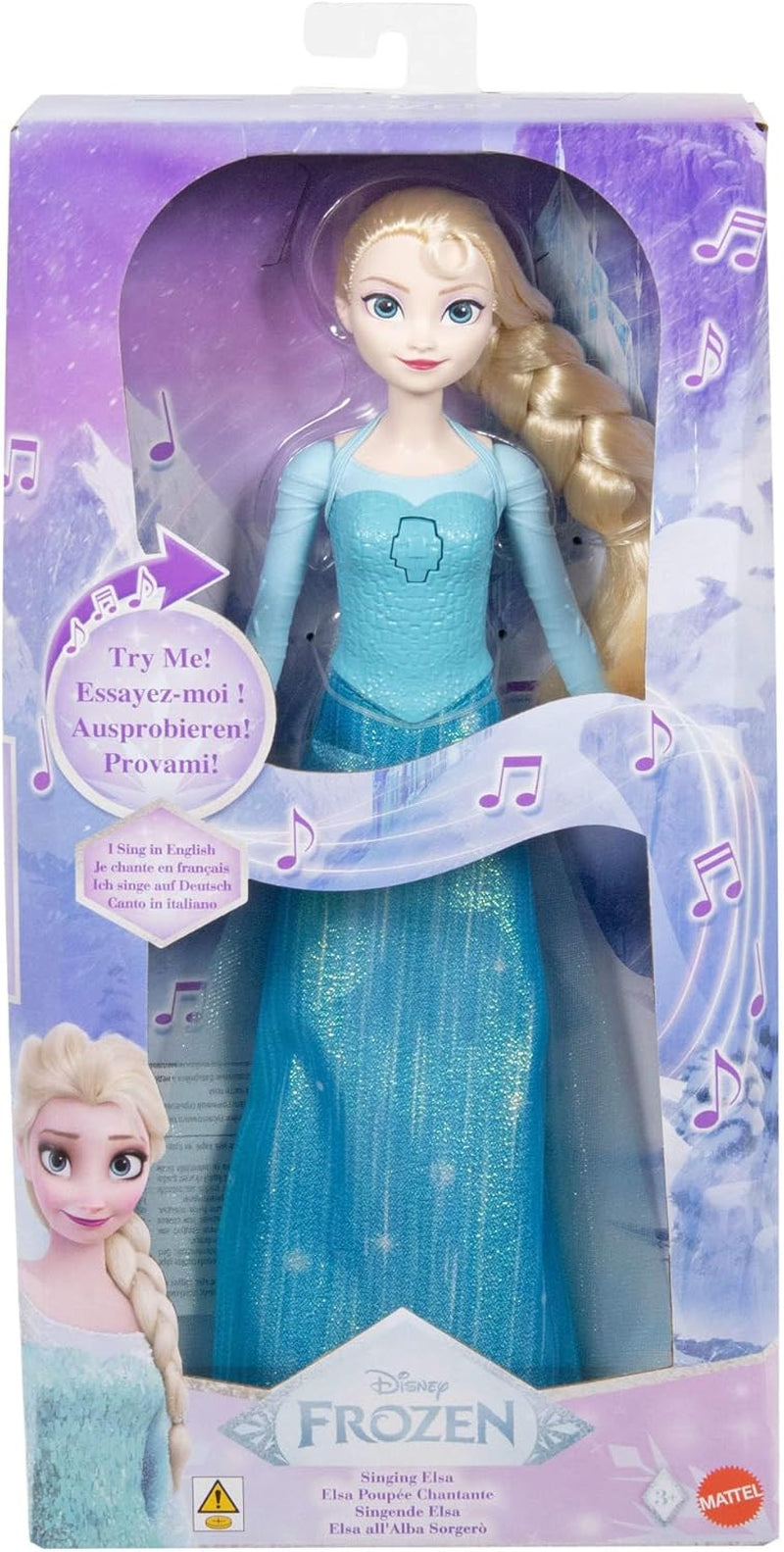 Mattel Toys Disney Frozen Elsa Singing Doll i ikonisk outfit, sjunger "Let It Go" från Disney-filmen på engelska, franska, tyska, italienska, JDL58