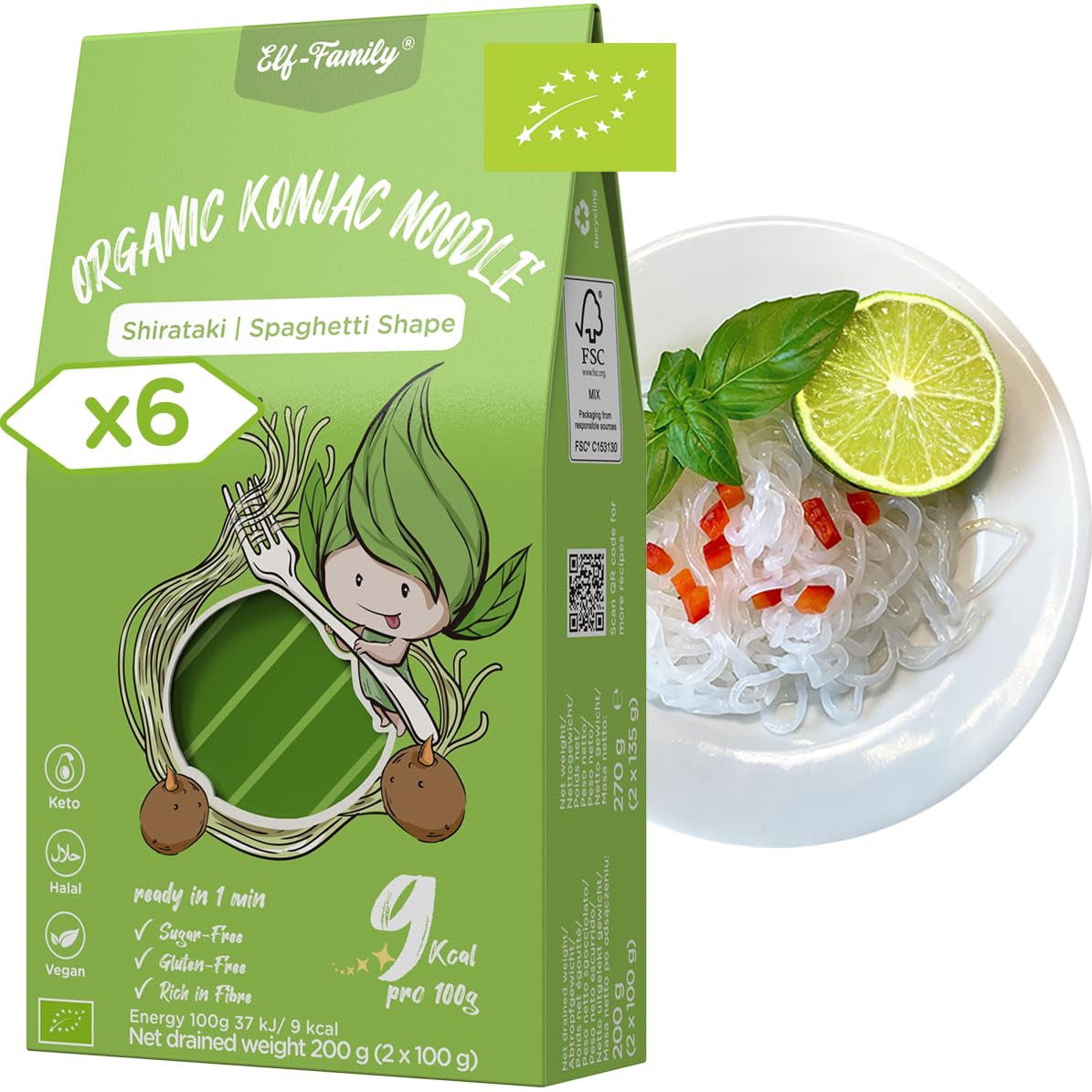 Elf-Family 270g x6er Box(12-pack) Bio Konjak Nudeln Ultra Low Carb Shirataki Nudeln Vegan Glutenfrei-Instant Nudeln ohne kohlenhydrate/Keto/Kalorienarme/Fettfrei/Zuckerfrei -Spaghetti MHD: 12/11/2026