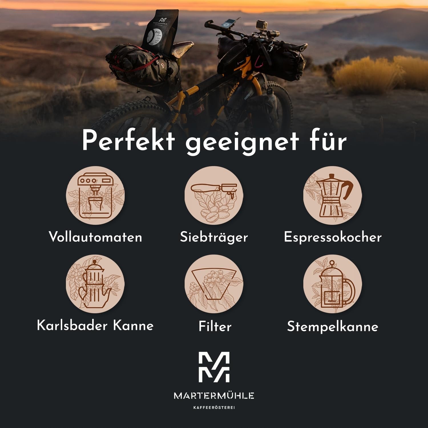 Espressobönor Martermühle Bike 500g Stark | Arabica/Robusta | Smaker: macadamianötter, mjölkchoklad | Lättrostade hela espressobönor, låg syra