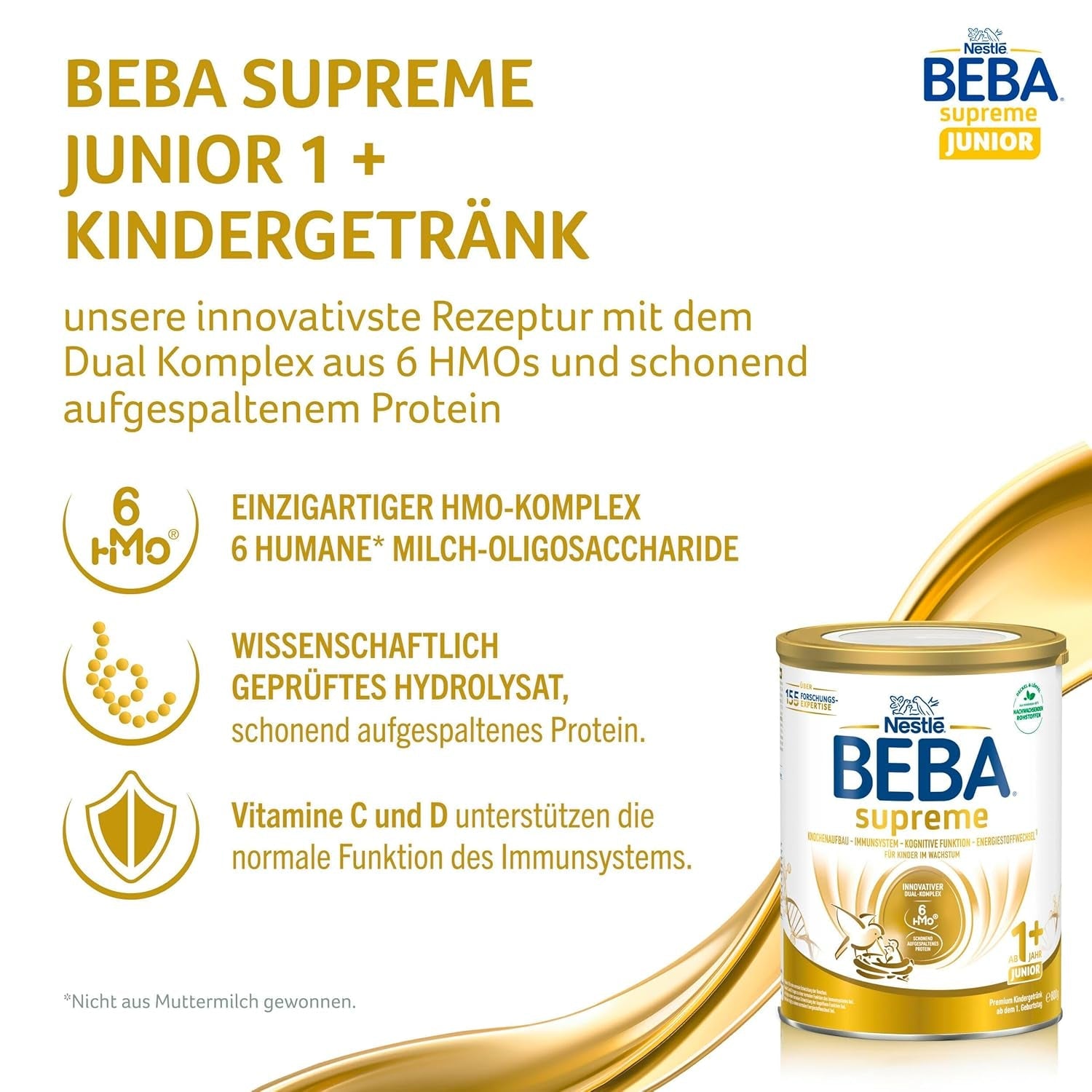 BEBA SUPREME JUNIOR 1 Plus - Dryck för barn från 1 år, med komplex 6 HMO, laktosfri, palmoljefri, fiskoljefri, mat för små barn, babymjölkspulver, förpackning om 6 (6 x 800g)