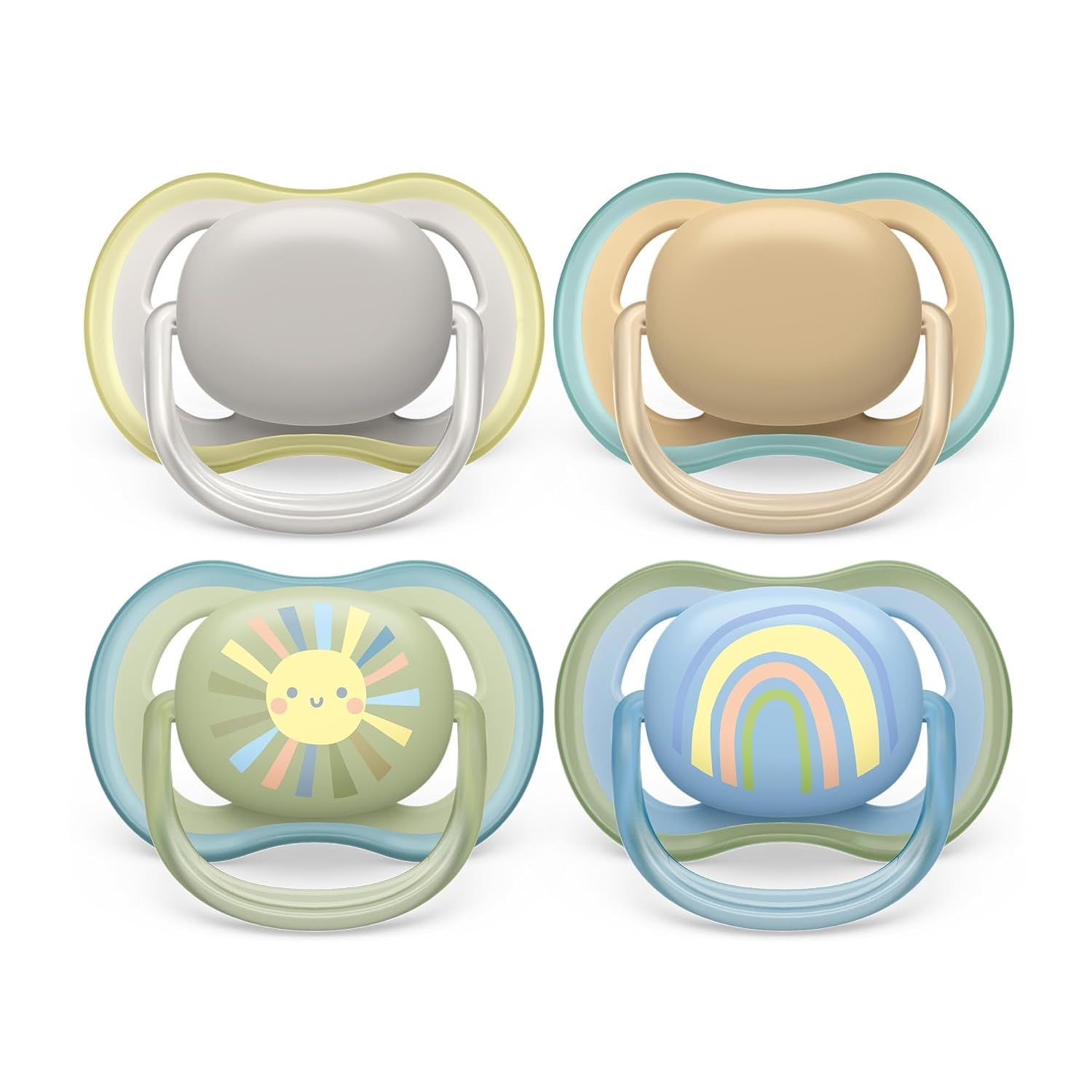 Philips AVENT ultraluftnappar - paket med 4 BPA-fria, andningsbara nappar för bebisar mellan 0 och 6 månader, inklusive bärväska och sterilisering, färg sol/regnbåge (modell SCF085/65)