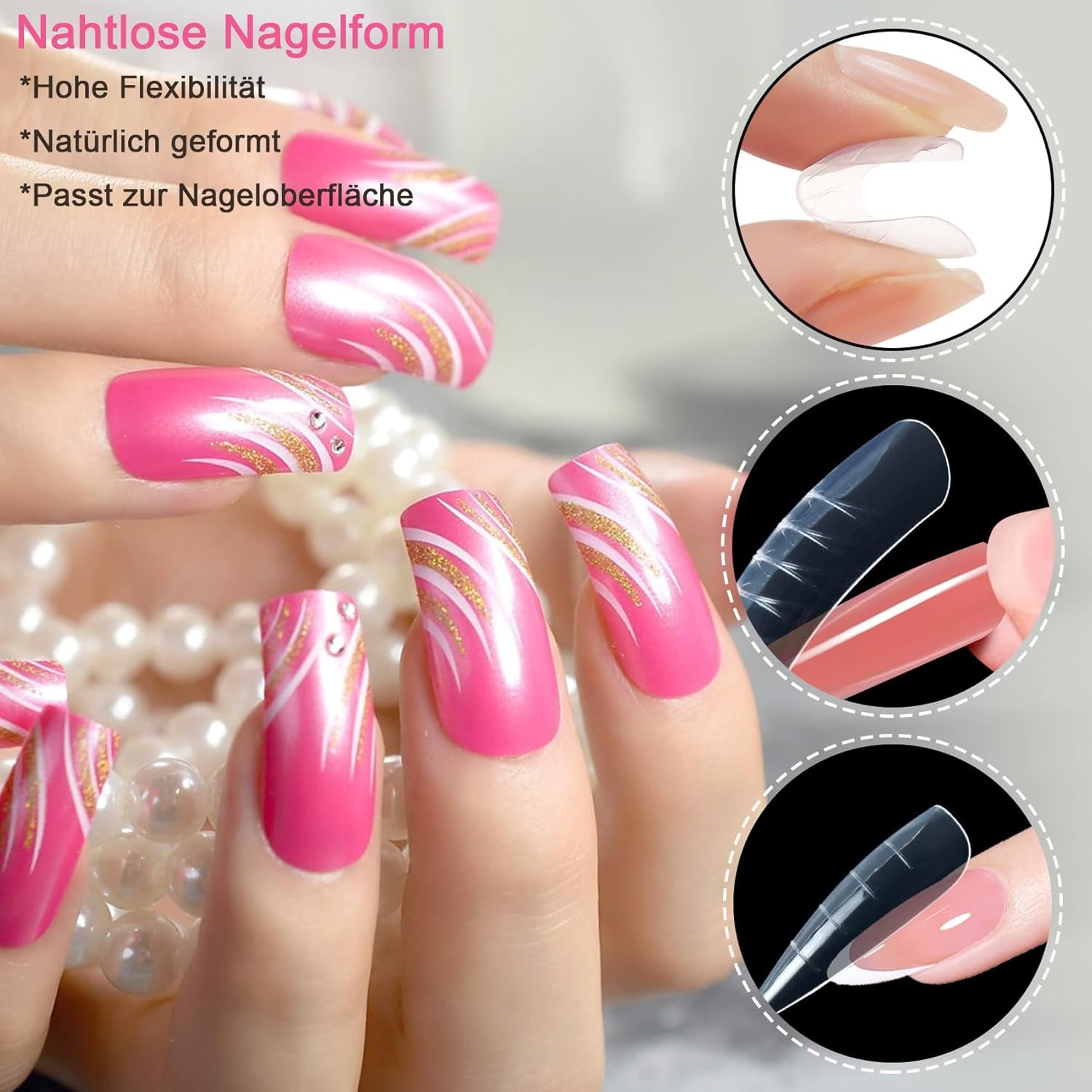 120 dubbla nagelformar, nagelförlängningsmallar med rosa dubbelsidig borste, nagelspetsklämma, tåavskiljare och nagelfil för polygelnaglar