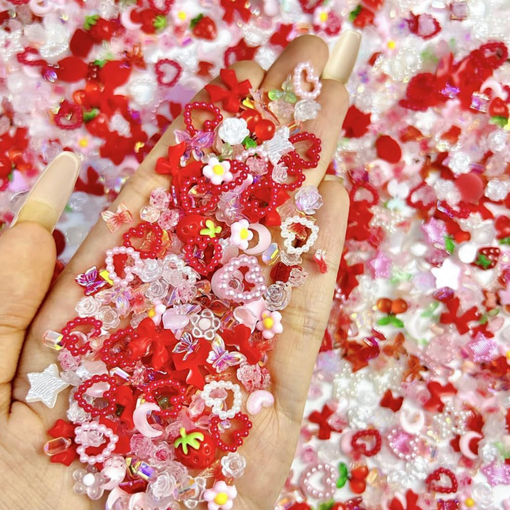 100st 3D Nail Charms Rosa Rot Kirsche Erdbeere Blume Nagel Charms Kamelie Rose Schmetterling Nail Art Charms Flatback Herz Schleife Charms Nägel Zubehör Mond Stern Nagelschmuck Nageldesign Anhänger