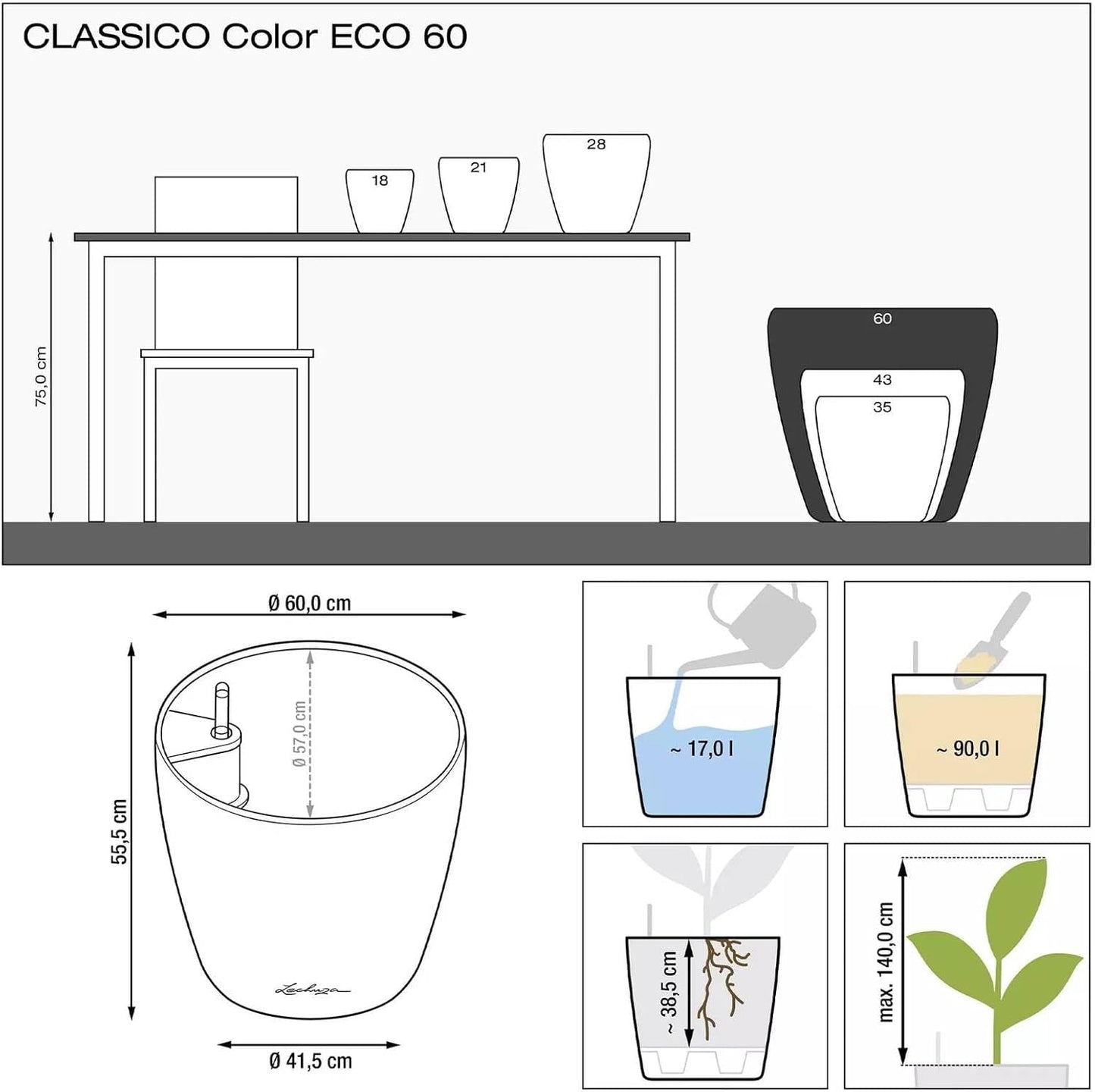 Planteringskärl LECHUZA Classico Color ECO 60 Mörkgrå | Planteringskärl med bevattningssystem och vattennivåindikator | Tillverkad av 100 % återvunnen plast | Matt finish | Ø 60 x 55,5 cm | 18955