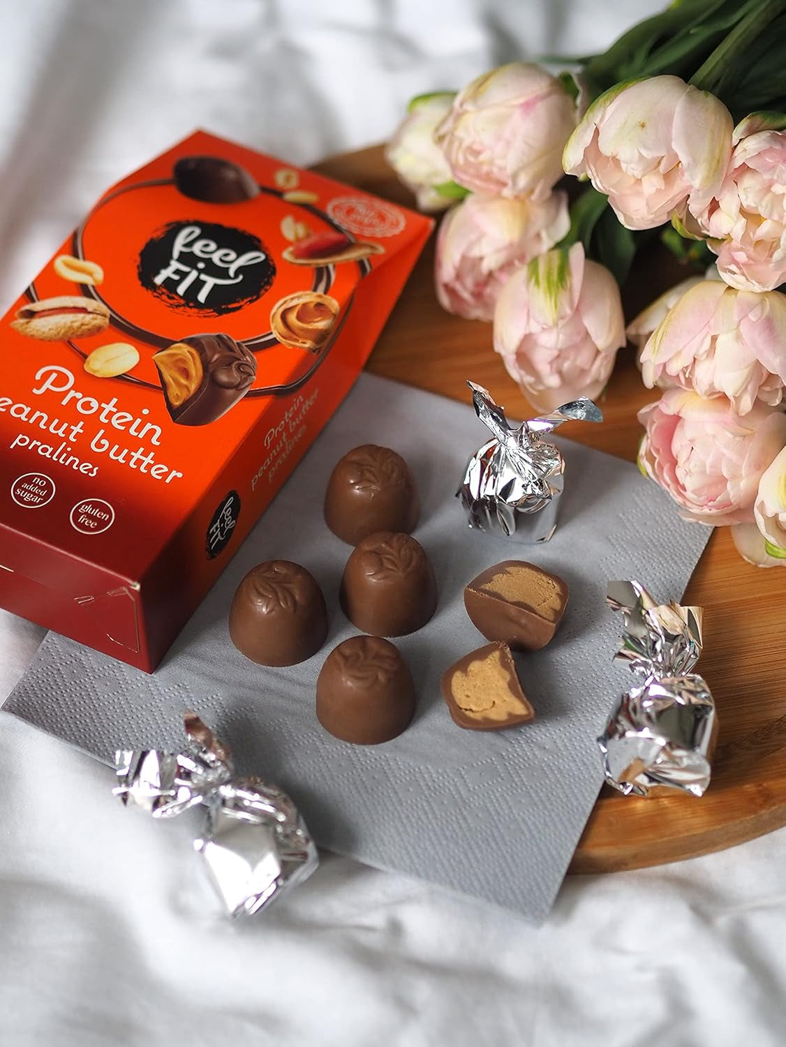 Feel FIT Jordnötssmörproteinpraliner i högkvalitativ mjölkchoklad, utan tillsatt socker, 17 % protein, glutenfri 66g (1 förpackning)