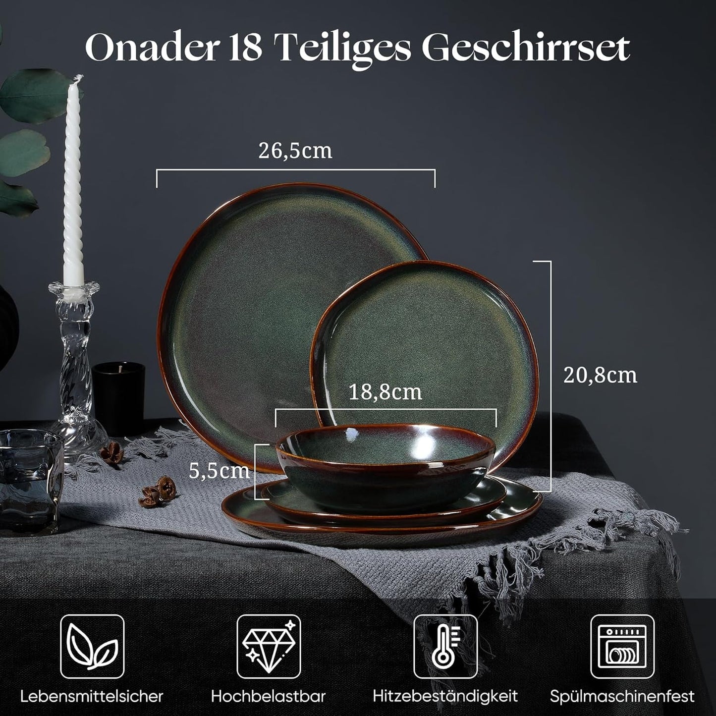 6-personers servisset, 18-delat serveringsset av stengods, oregelbundna runda spannmålsskålar, desserttallrikar, mattallrikar, reptålig mikrovågssäker, reaktiv mossgrön